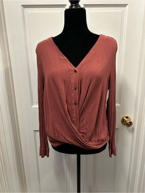 Ana medium long sleeve women blouse pink red button work casual light v neck